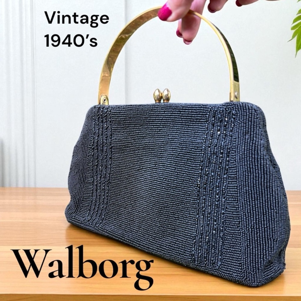 Walborg-1940’s black hand beaded bag. Made in Belgium. Silk lining/kiss lock EUC